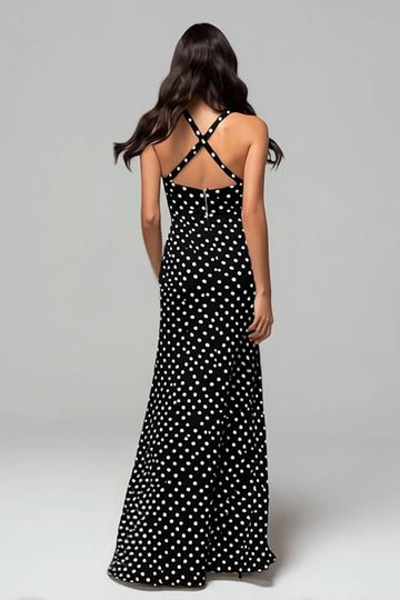 Robe formelle longue à pois fourreau en mousseline de soie noire avec fente